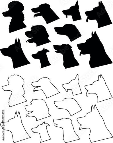 Silhouette and outline set of various dog breeds heads vector illustration