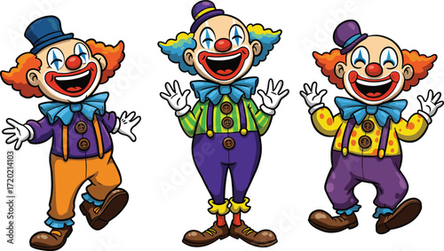 Colorful Cartoon Clowns with Big Smiles in Bright Outfits, Perfect for Fun Illustrations and Kids’ Party ThemesColorful Cartoon Clowns with Big Smiles in Bright 