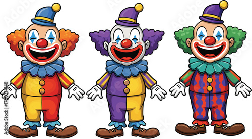 Colorful Cartoon Clowns Standing in a Row with Happy Faces, Bright Costumes, and Funny Hats for Circus or Party ThemeColorful Cartoon Clowns Standing in a Row with Happy Faces,