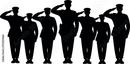 Silhouette of military personnel saluting in a row illustration vector