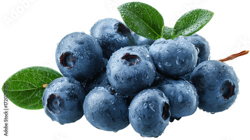 A bunch of blueberries with a leaf on top