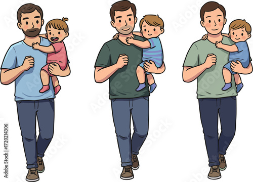 Father and Child Walking Vector Illustration Showing Family Bond, Parenting Love, Casual Outfits, Happy Moments, and Caregiving Relationship ConceptFather and Child Walking Vector 