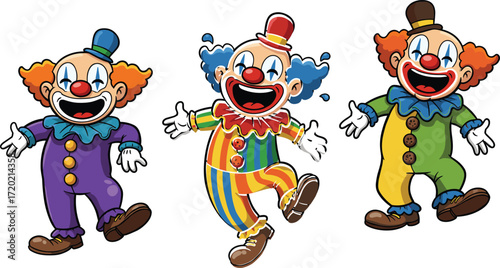 Funny cartoon clowns in colorful costumes dancing and smiling, circus entertainment characters, cheerful comedy performers, joyful celebration illustration for kidsFunny cartoon clowns in colorfu