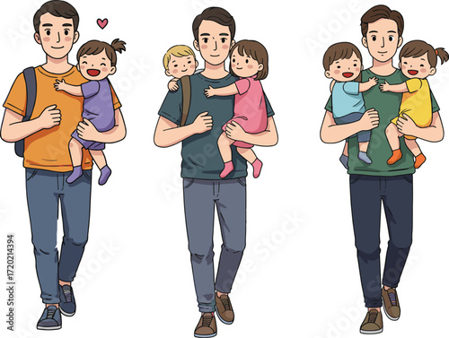 Father Carrying Children Vector Illustration Depicting Family Bond, Parenting Love, Emotional Connection, Casual Outfits, and Happy Moments of FatherhoodFather Carrying Children Vector Illustration