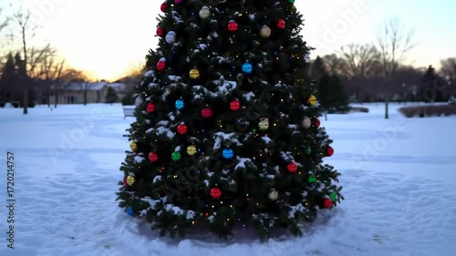 Snowy Christmas tree in a park at twilight