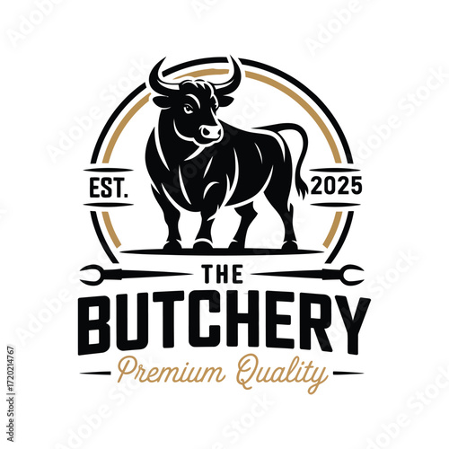 Vintage butchery logo design with standing bull silhouette, premium quality text, and crossed meat hooks on white background