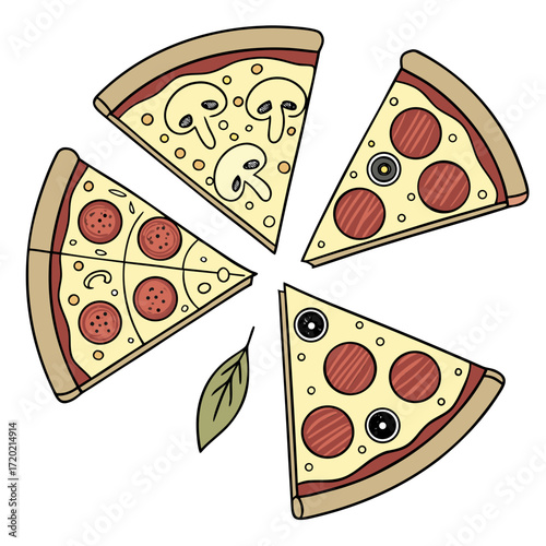 A delicious assortment of pizza slices featuring pepperoni mushrooms and olives arranged in a circular pattern with a single leaf