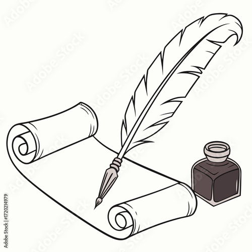 A quill pen rests on an unrolled scroll next to an inkwell symbolizing writing and history