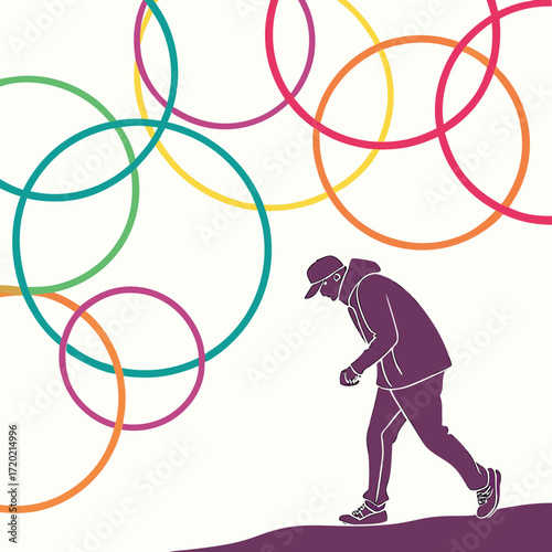 A solitary figure in a purple hoodie and cap walks past a vibrant array of overlapping colorful circles against a white background
