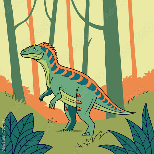 A vibrant cartoon illustration of a green dinosaur with orange and blue stripes standing in a stylized forest environment
