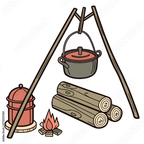 Campfire cooking setup with a pot hanging over a fire logs and a lantern nearby