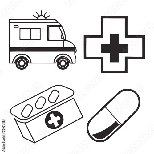 Collection of medical icons including an ambulance a red cross symbol a pill box and a capsule