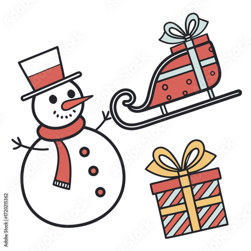 Cute cartoon snowman wearing a scarf and hat with a sleigh full of gifts and a separate present