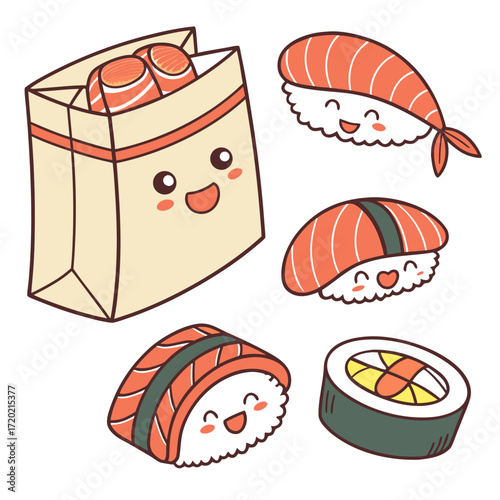 Cute kawaii sushi characters and a happy shopping bag filled with salmon rolls