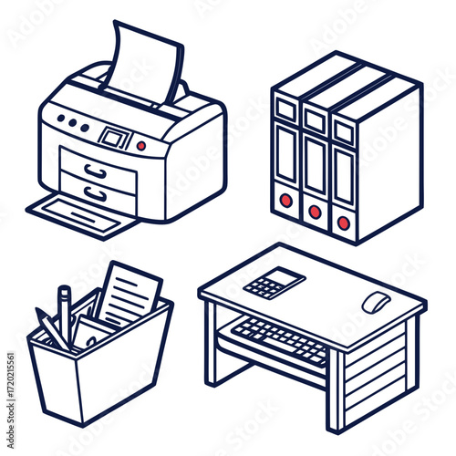 Isometric illustration of office supplies including a printer binders desk with computer accessories and a pen holder