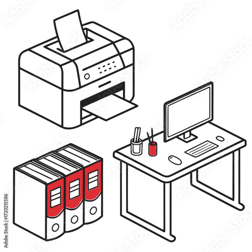 Isometric line art illustration of office desk with computer printer and binders for administrative tasks