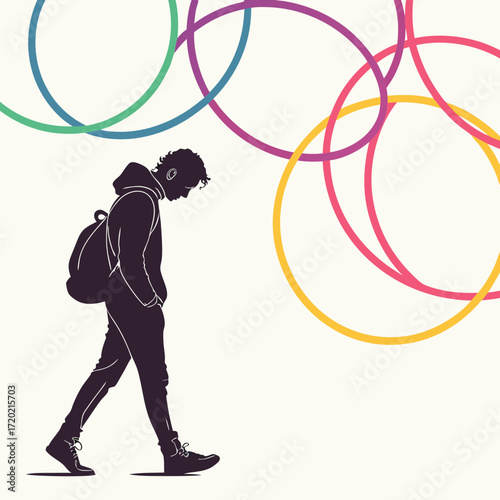 Silhouette of a young person with a backpack walking past colorful abstract rings representing dreams or aspirations