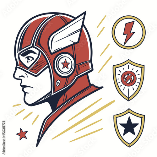 Stylized illustration of a superhero profile with lightning bolt and shield emblems in a comic book art style