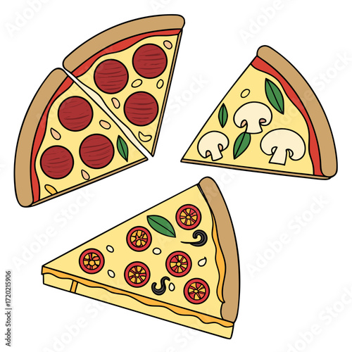 Three delicious slices of pizza with pepperoni mushrooms tomatoes and basil on a white background