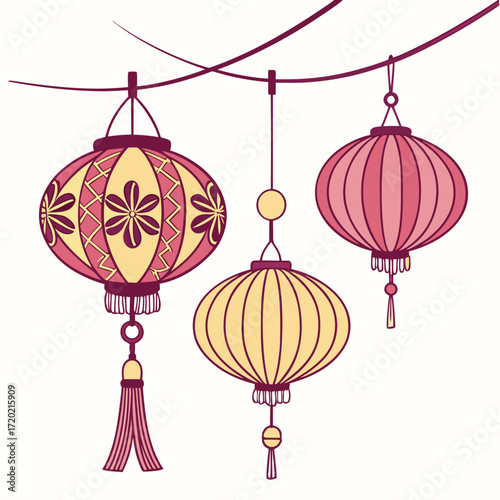 Traditional chinese lanterns with decorative patterns and tassels hanging from a wire against a white background