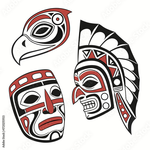 Three stylized tribal masks including an eagle head and two human faces in black red and white