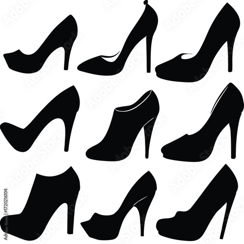 High Heel Shoes Silhouette Set in Black Vector Illustration”