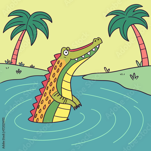 A happy cartoon alligator emerges from blue water with palm trees and green grassy islands in the background