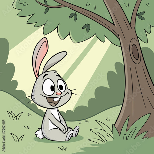A happy cartoon bunny rabbit sits in a sunlit forest clearing under a large tree