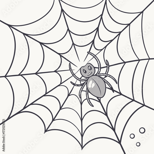 A cute cartoon spider sits happily in the center of its intricately spun web on a white background