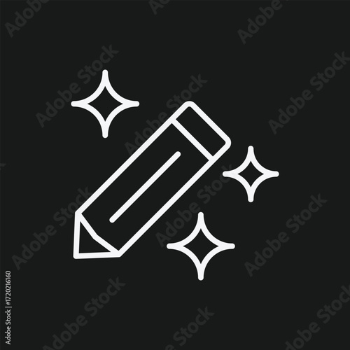 White Pencil Icon with Sparkling Stars on Black Background, Minimalist Symbol for Creativity, Artistic Expression, and Design Inspiration in Digital Interfaces