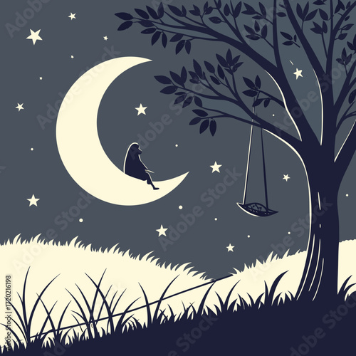 A solitary figure sits on a crescent moon under a starry night sky beside a tree with a swing