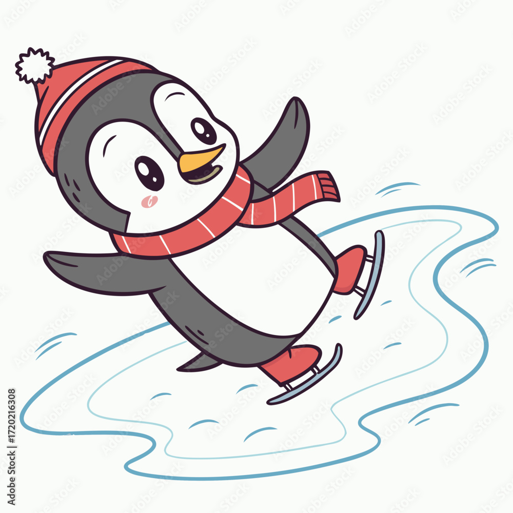 Fototapeta premium Cute cartoon penguin wearing a red hat and scarf ice skating happily on a frozen pond