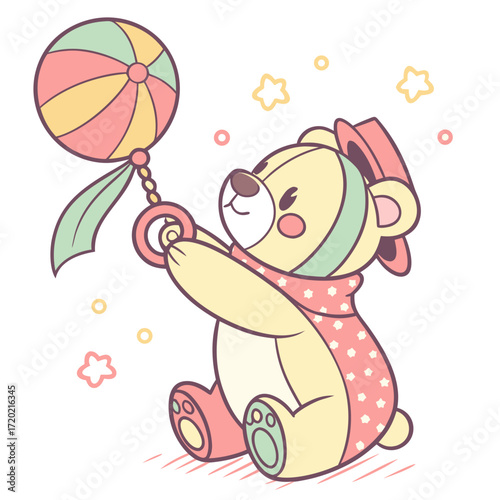 Cute cartoon teddy bear wearing a hat and scarf holding a colorful baby rattle with stars and circles around it