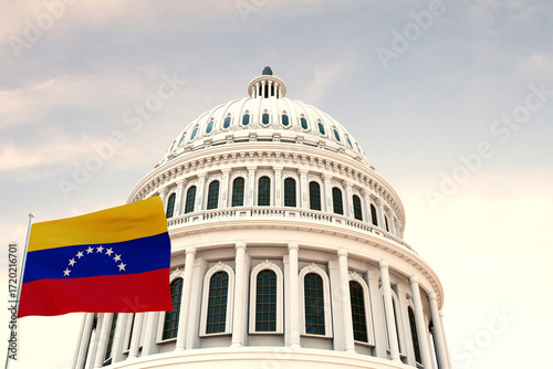 Beautiful flag of Venezuela waving with the strong wind and behind it the dome of the Capitol USA 3D RENDER, 3D RENDERING.