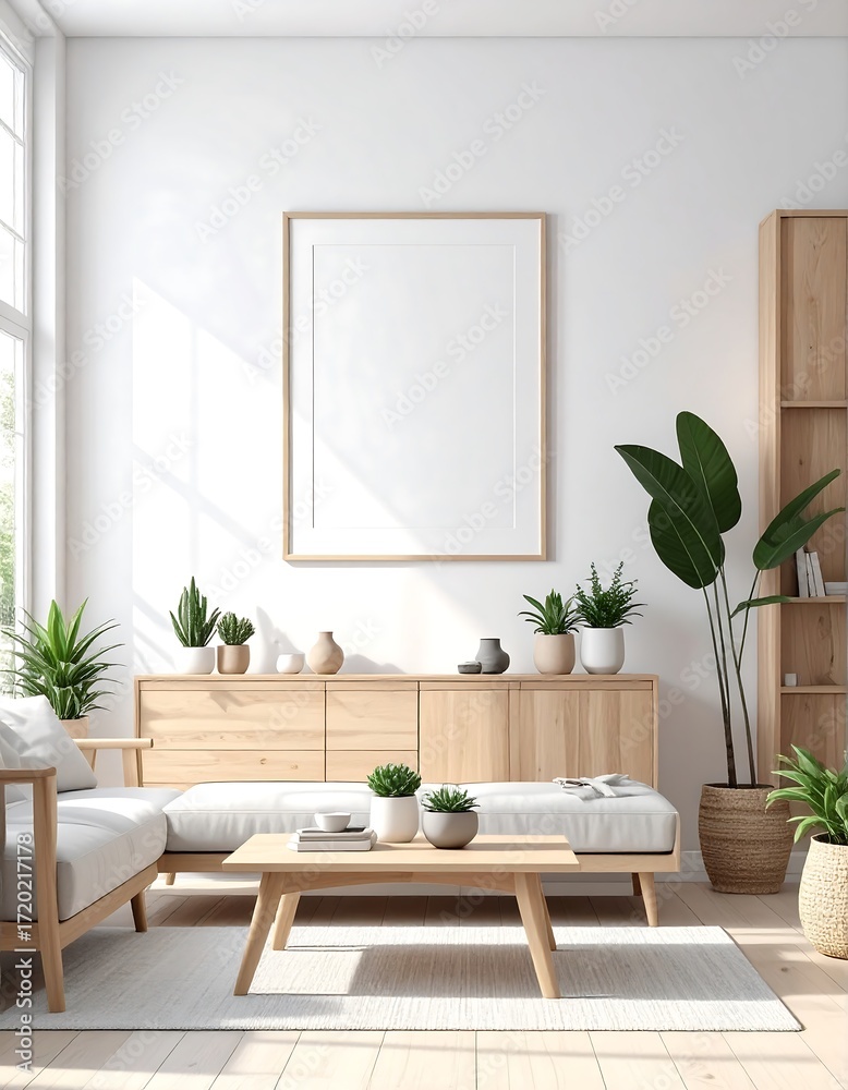Fototapeta premium Minimalist Living Room with Sofa, Cabinet and Plants interior