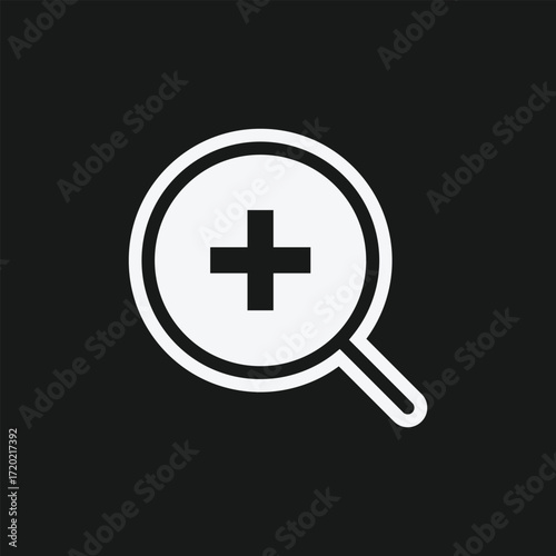 White Zoom In Icon with Magnifying Glass and Plus Sign on Black Background, Minimalist Symbol for Enlarging View, UI Interaction, and Digital Interface Design