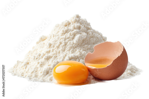 Egg and flour composition: brown eggshell, yolk, and flour pile for baking concepts, cut out