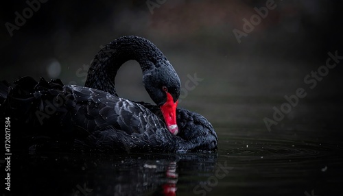 A black swan on a dark water surface