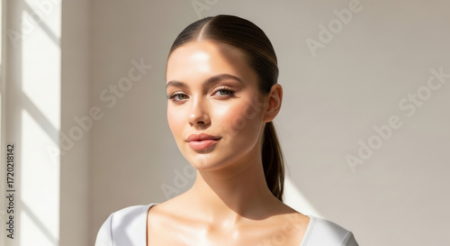Elegant beautiful portrait of a young woman with glowing flawless skin, natural makeup, and sleek hairstyle against a neutral background  for skincare and cosmetics concept