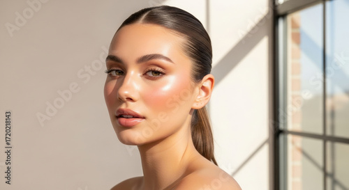 Elegant beauty portrait of a young girl with glowing flawless skin, natural makeup, and sleek hairstyle against a neutral background  for skincare and cosmetics concept