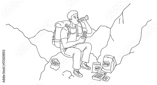 Hiker taking a break Man with backpack on rocks enjoying food and water during his hike