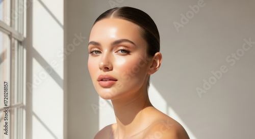 Elegant beauty portrait of a young woman with glowing flawless skin, natural makeup, and sleek hairstyle against a neutral background  for skincare and cosmetic concept