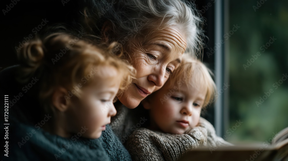 Obraz premium Tender moments shared between a grandmother and her grandchildren by the window on a cozy afternoon