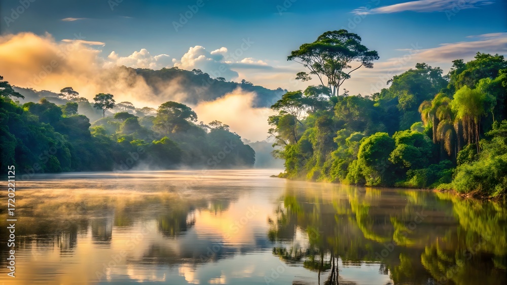 Obraz premium Lush Amazon River at Dawn Embraced by Mist Serene Waters Reflecting the Sky Above Tropical Paradise Untouched Beauty