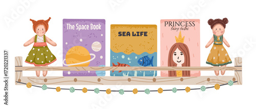 Kids bookshelf with literature for baby girl and doll toy in flat style