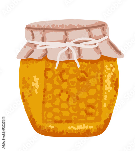Glass jar with honey syrup in hand drawn flat style
