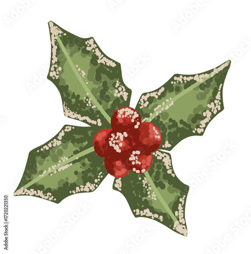 Branch with Christmas mistletoe red berry and green leaves with snow in flat style