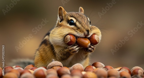 Adorable chipmunk greedily enjoys a delicious autumn harvest of acorns bathed in soft natural light. AI Generated