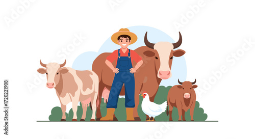 A farmer stands proudly with his livestock including cows and a chicken on a farm.