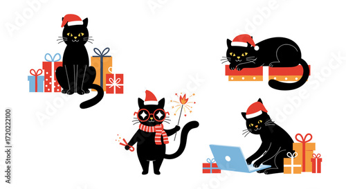 Four black cats wearing santa hats and celebrating holidays with gifts and sparklers.